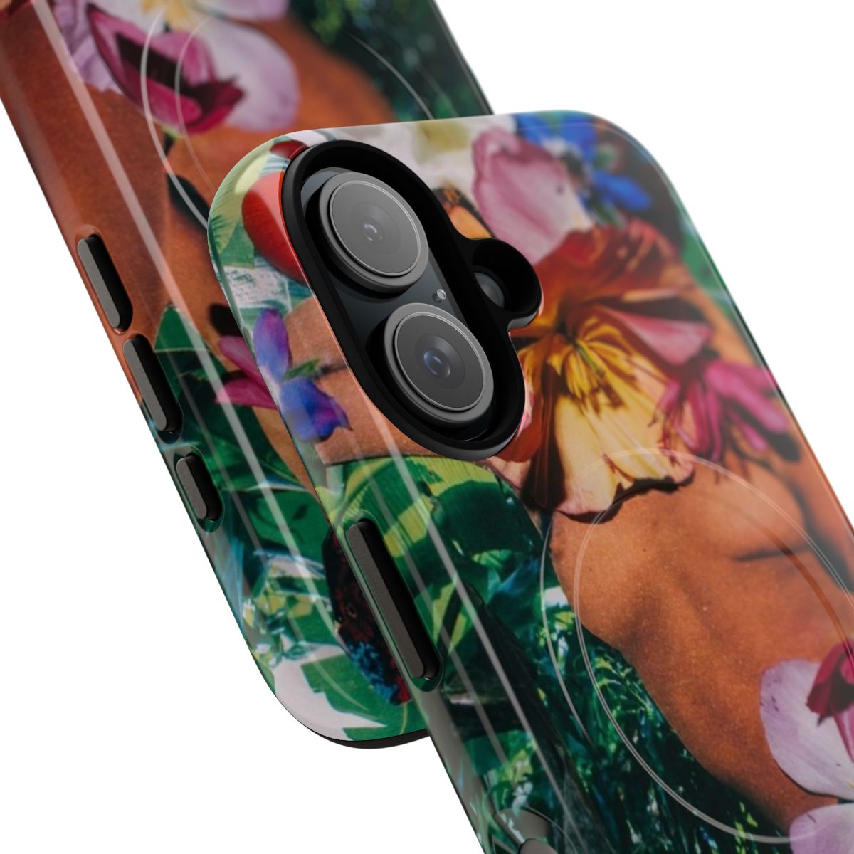 Artistic hand-cut collage design featuring vibrant flowers on a phone case. - Detail