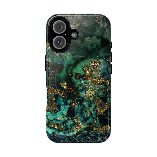 Gold, indigo, and faux malachite marble-textured phone case with a magnetic tough design.