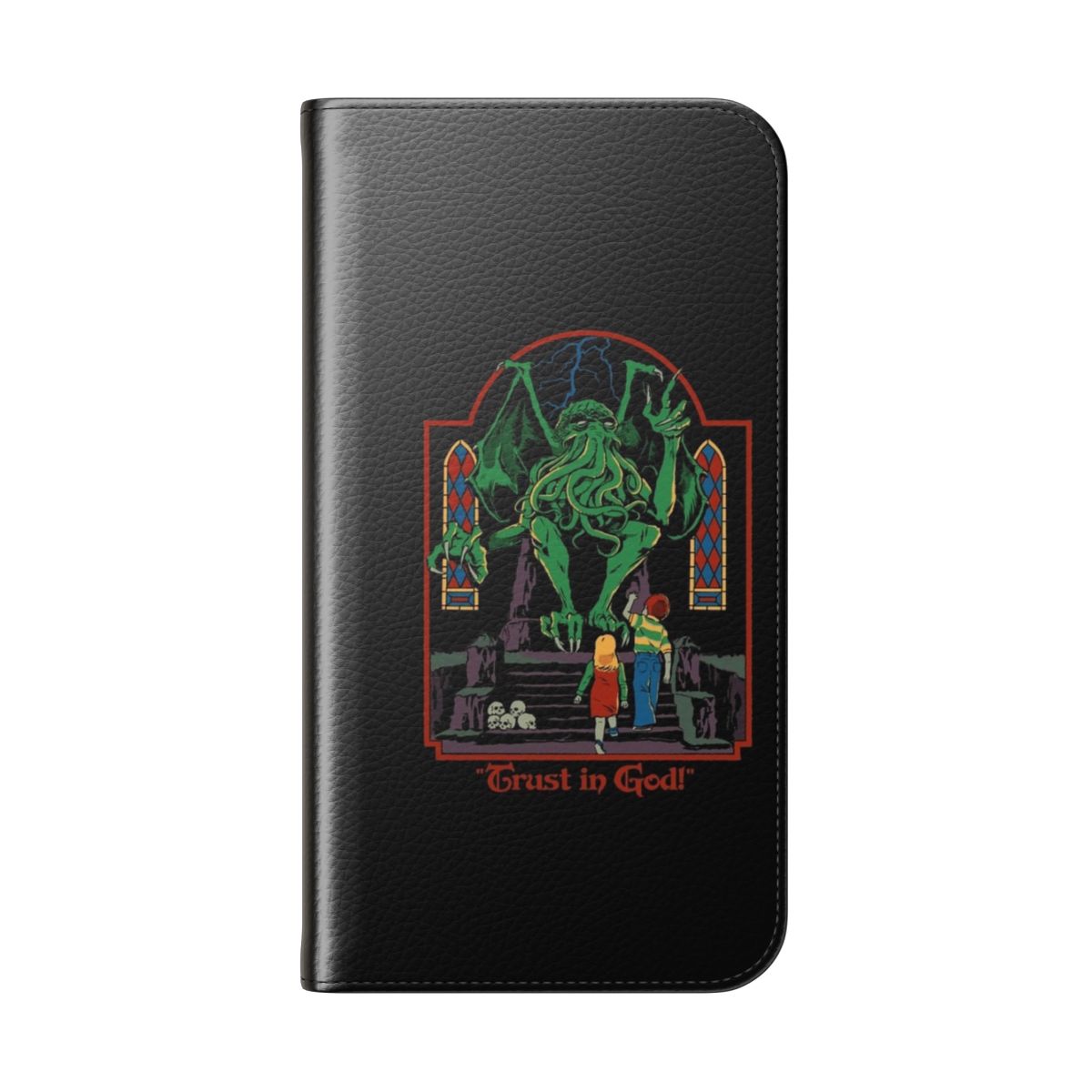 Vintage-style flip cover phone case with Lovecraft-inspired ancient one design - Folded Back