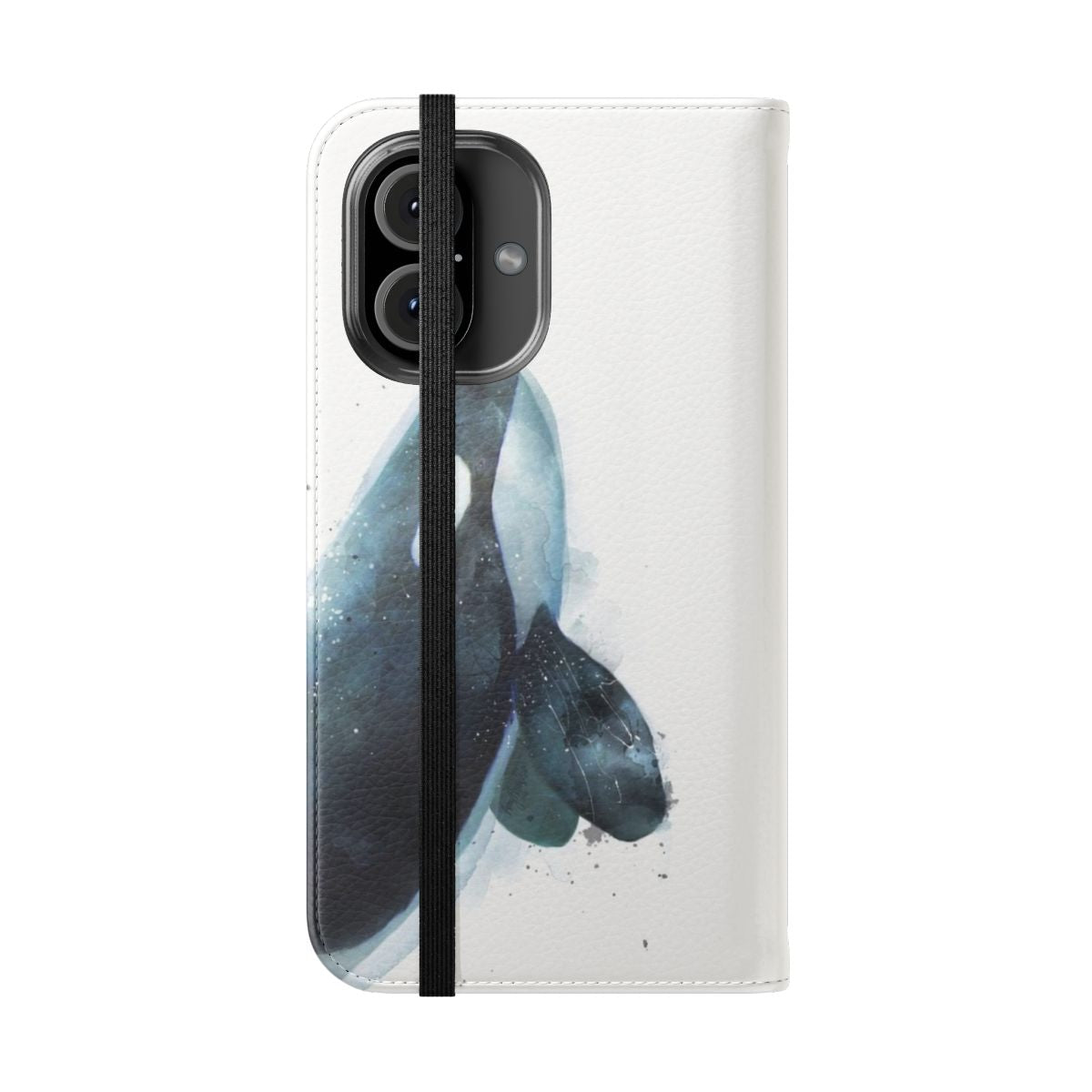 Orca-themed flip cover phone case with black, blue, and white design featuring a killer whale silhouette - Folded Front