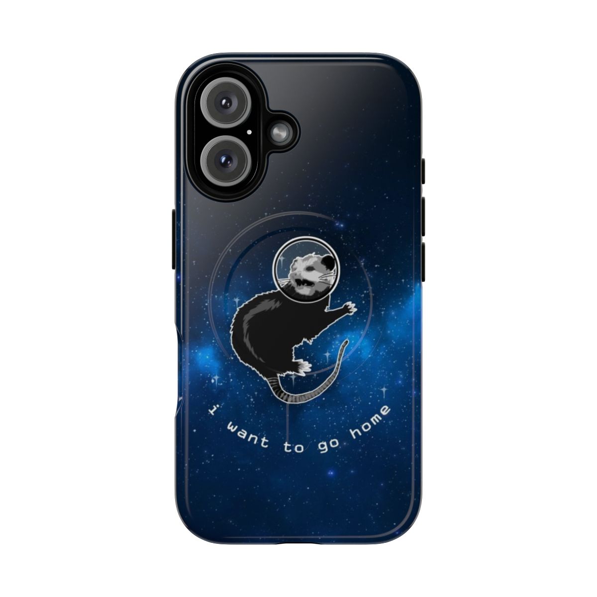 A magnetic tough phone case featuring a humorous space possum design.