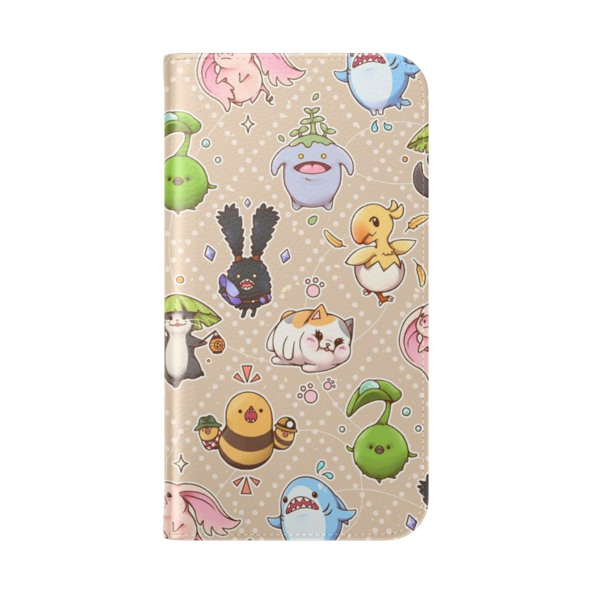 Colorful phone case with popular Final Fantasy XIV characters like Fat Cat, Spriggan, and Chocobo. - Folded Back