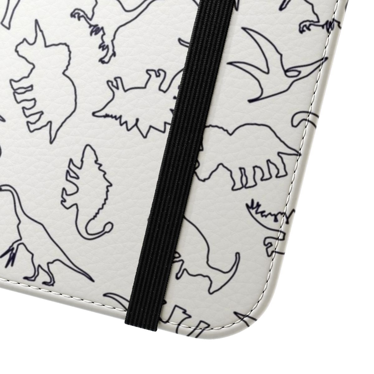 Dark silhouette dinosaur outline pattern on a flip cover phone case - Close Up