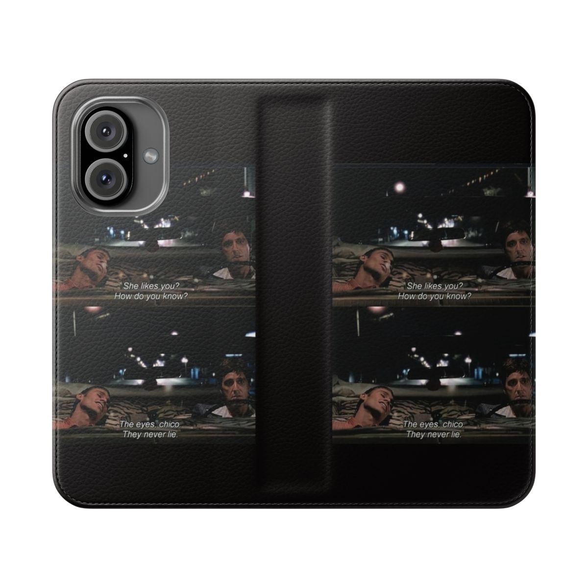 Scarface-inspired flip cover phone case featuring the iconic "The Eyes, Chico. They never lie." quote