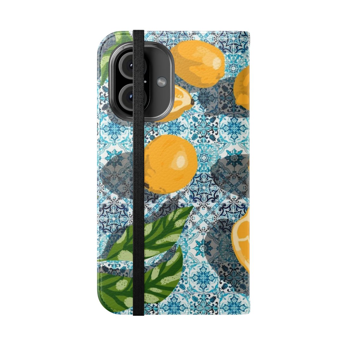 Colorful and eclectic phone case with a tropical lemon tile illustration in a bohemian style. - Folded Front