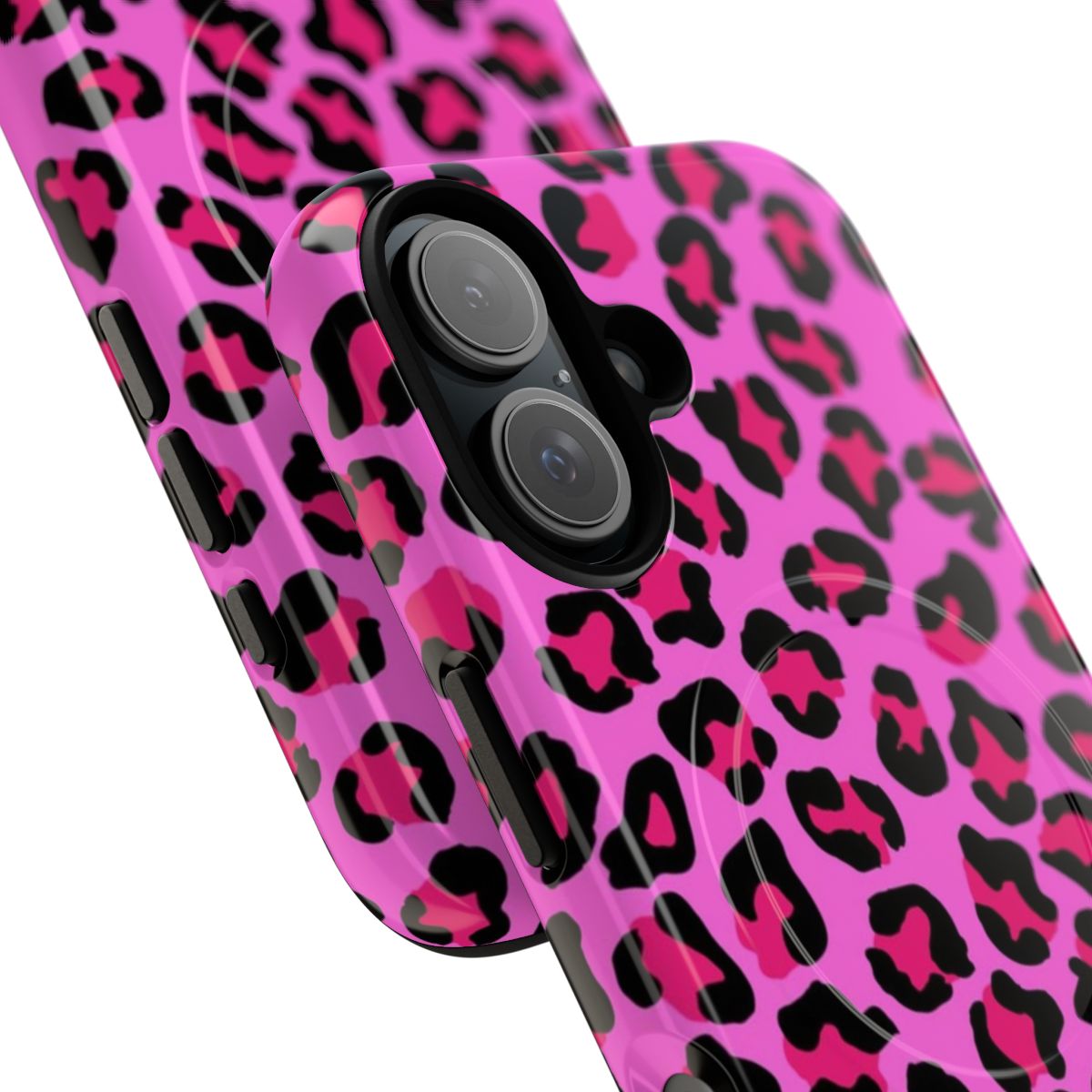 Neon pink leopard spots pattern on a durable, magnetic phone case - Detail