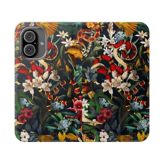 Colorful botanical phone case with birds, snakes, and tropical foliage design