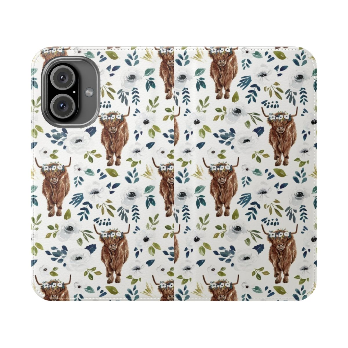 Vibrant floral painting of a highland cow wearing a crown of flowers on a smartphone flip cover case.