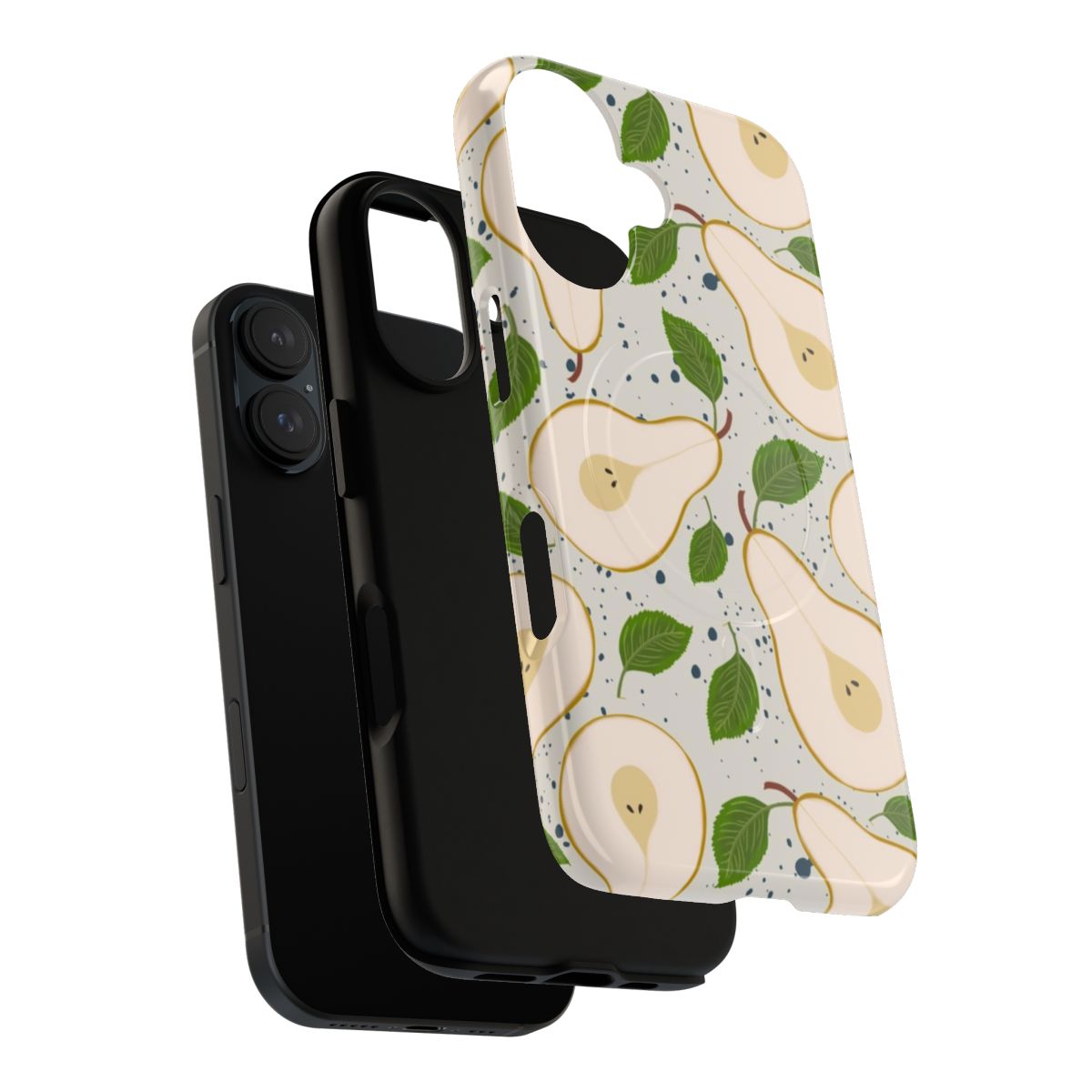 A modern and stylish phone case featuring a vibrant pear design with a grey speckled texture. - Layers