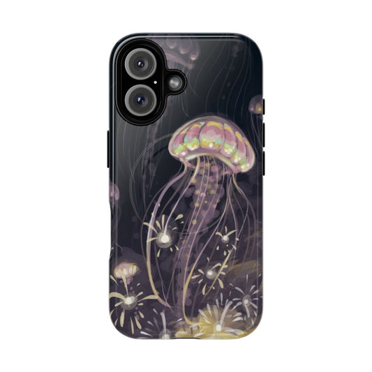 Magnetic tough phone case featuring an abstract nature design with jellyfish, night sky, and bridge