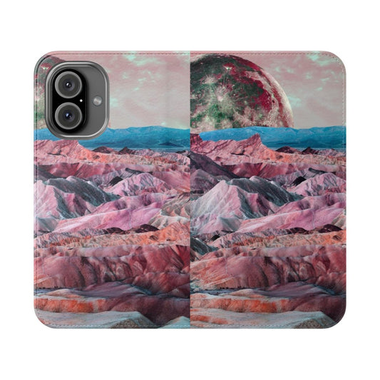 A colorful collage phone case design featuring mountains, moons, and a planet against a starry backdrop