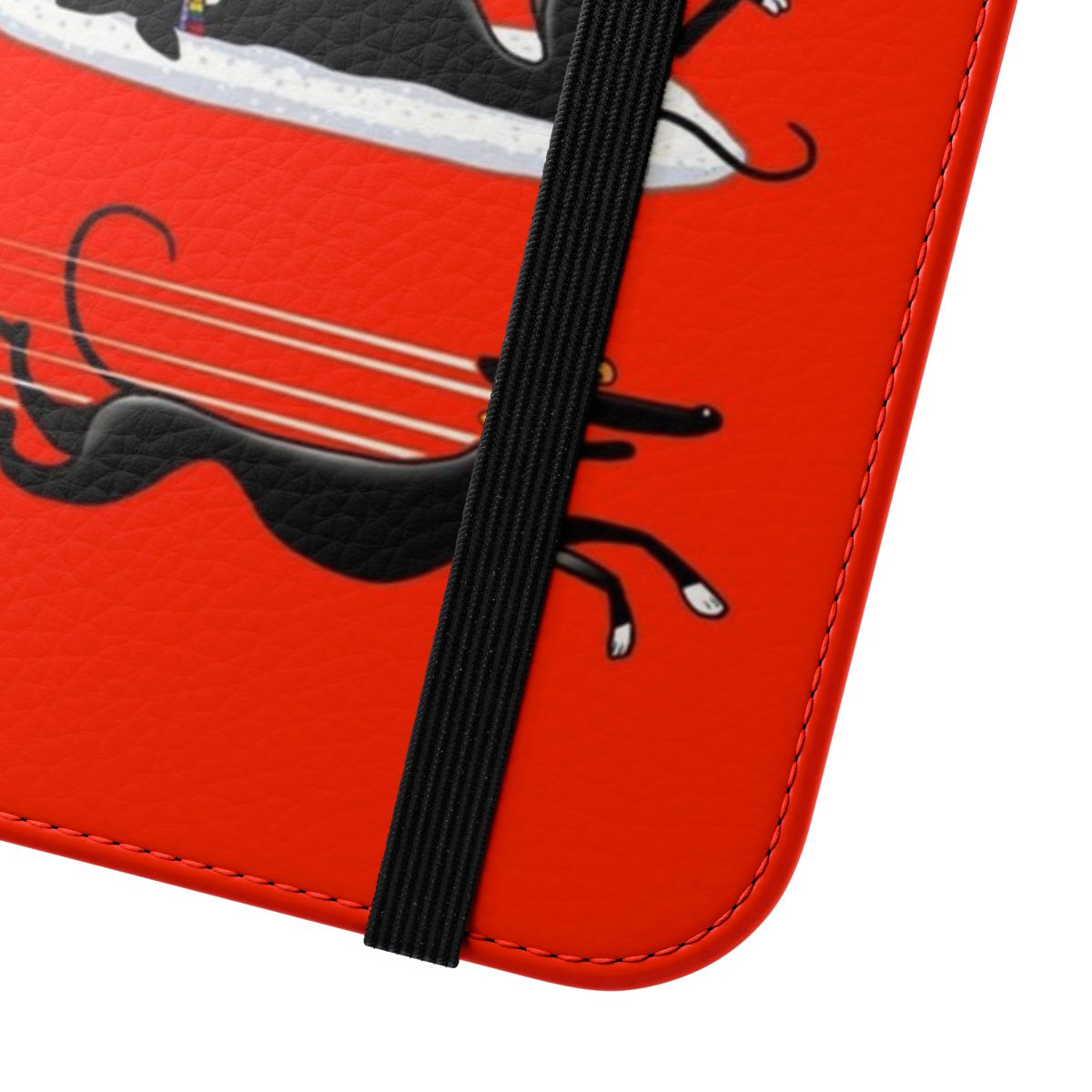 Vibrant red flip cover phone case featuring a cartoon greyhound design - Close Up