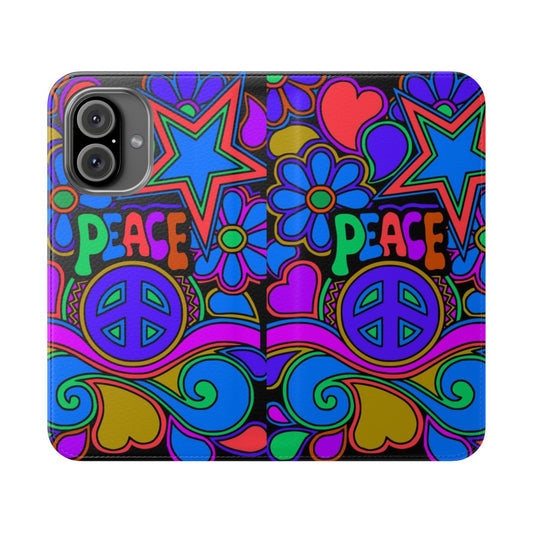 Colorful flip cover phone case with a hippie-inspired floral and star design