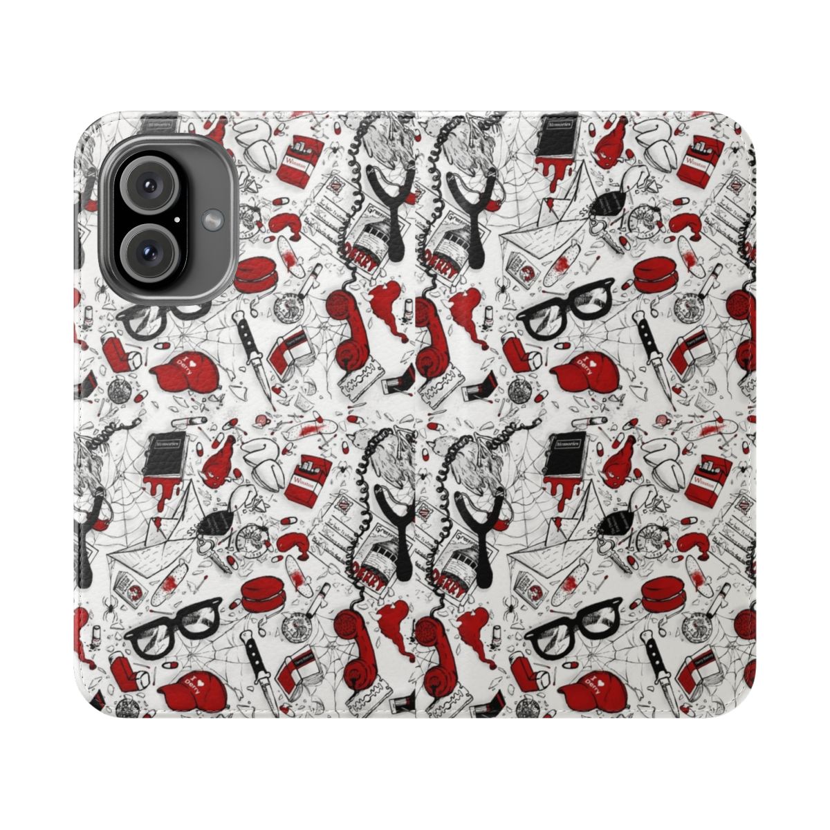 Stylish flip cover phone case featuring a repeating pattern design inspired by Stephen King's IT novels and movies.