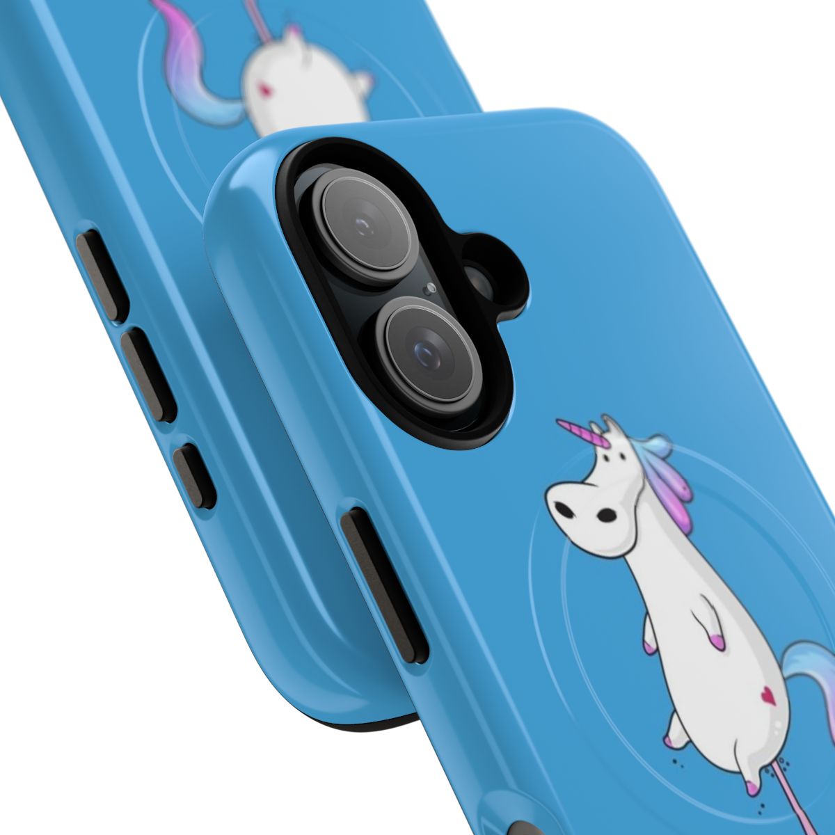 Colorful cartoon unicorn farting a rainbow, featured on a magnetic tough phone case. - Detail