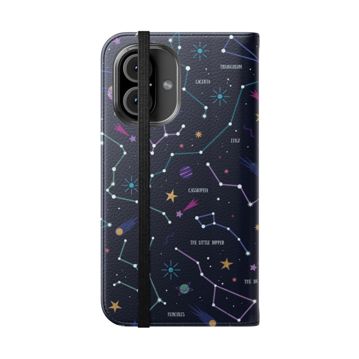 A phone case featuring a starry night sky, planets, and constellations - Folded Front