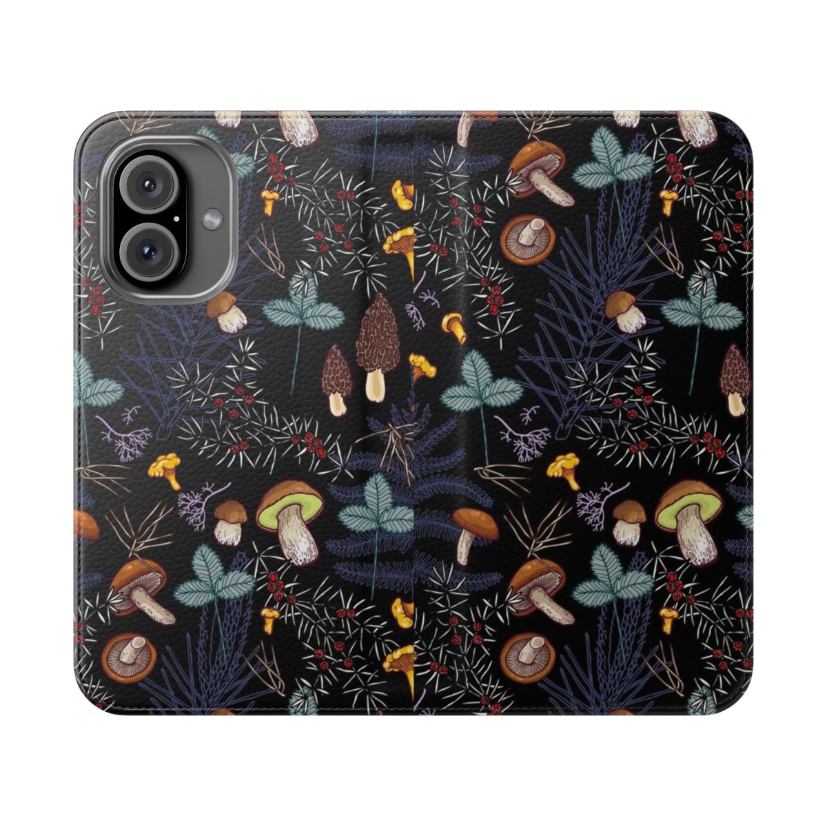 A flip cover phone case featuring a dark, wild forest mushroom pattern design.