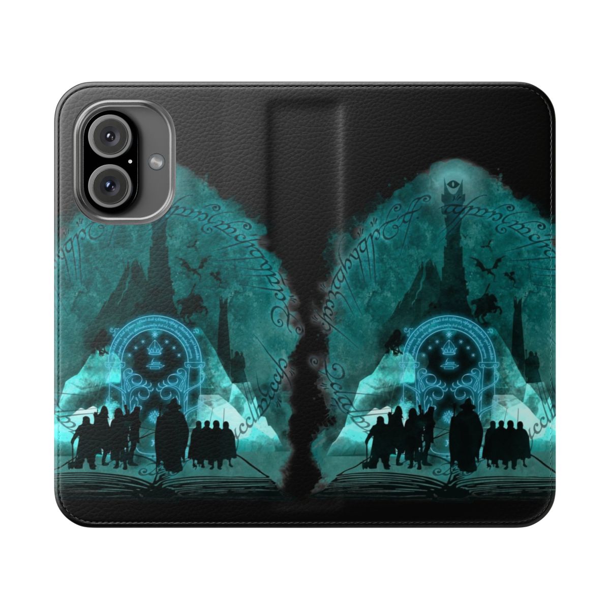 A fantasy-inspired phone case with a stylized design featuring elements from The Lord of the Rings.