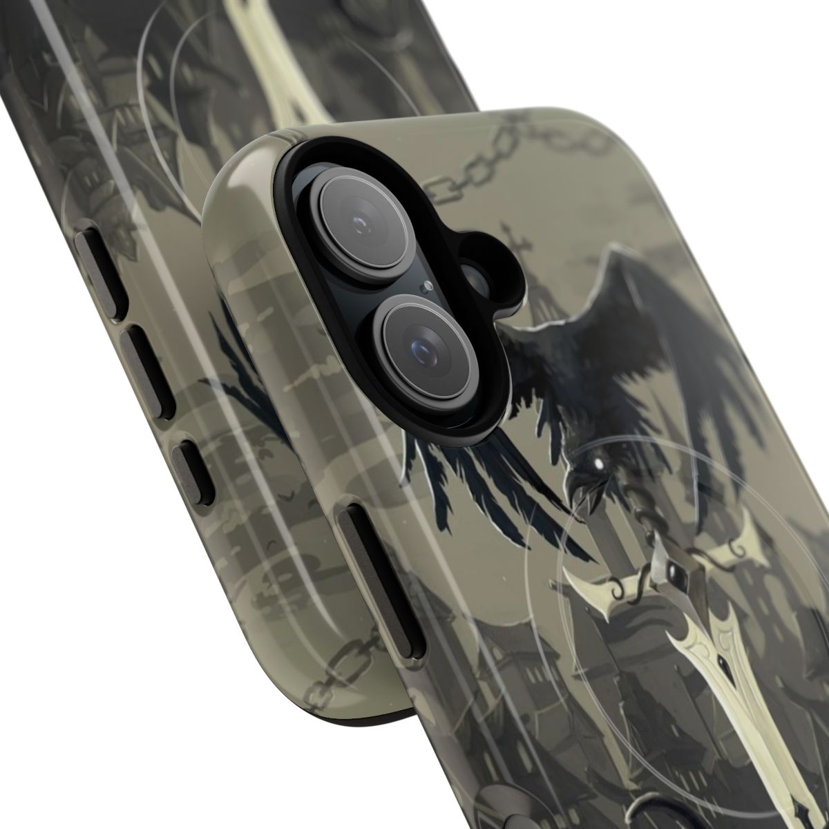 Dark fantasy phone case with helmets, swords, chains, and crows - Detail