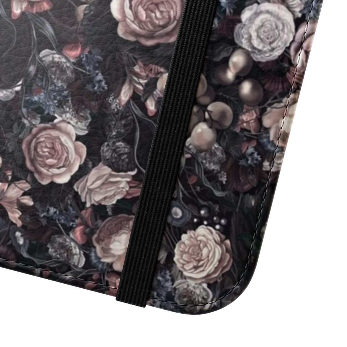 Vintage floral design phone case with muted poppy, peony, and rose patterns - Close Up