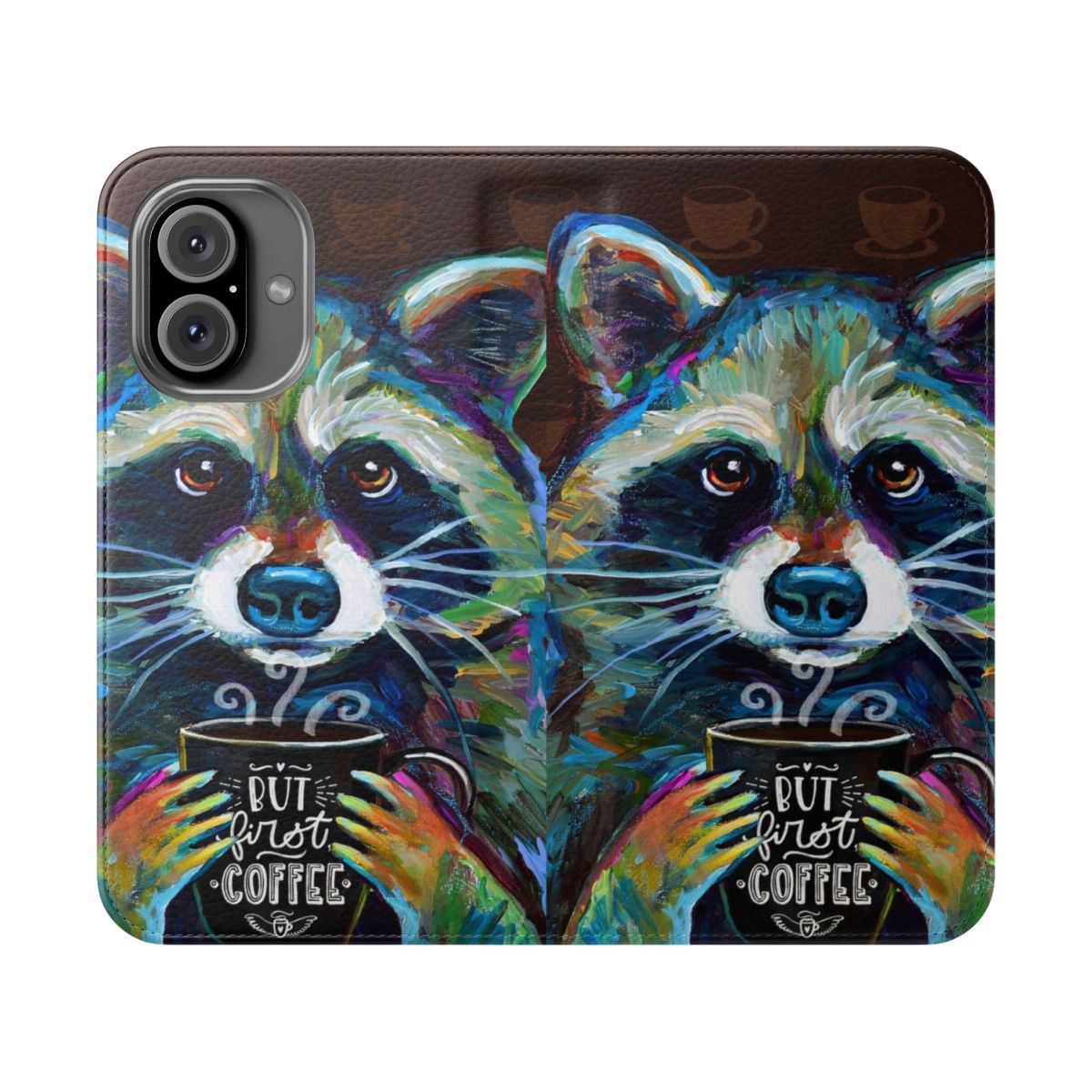 Cute raccoon-themed flip cover phone case with "But First Coffee" design