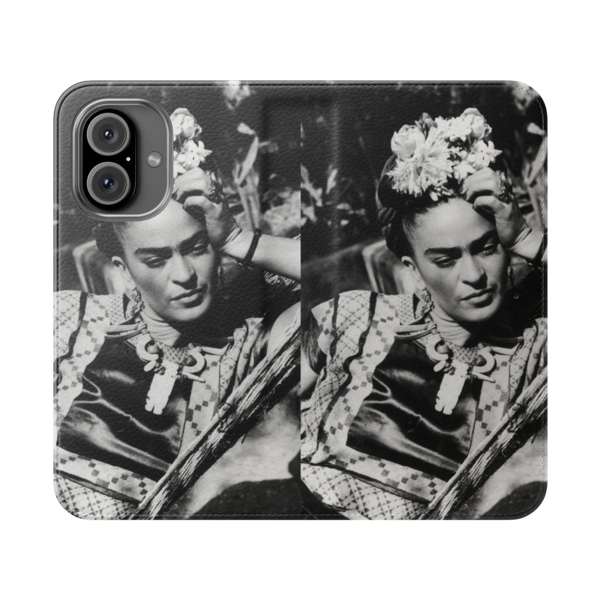 Vintage-inspired phone case featuring a stylized portrait of artist Frida Kahlo