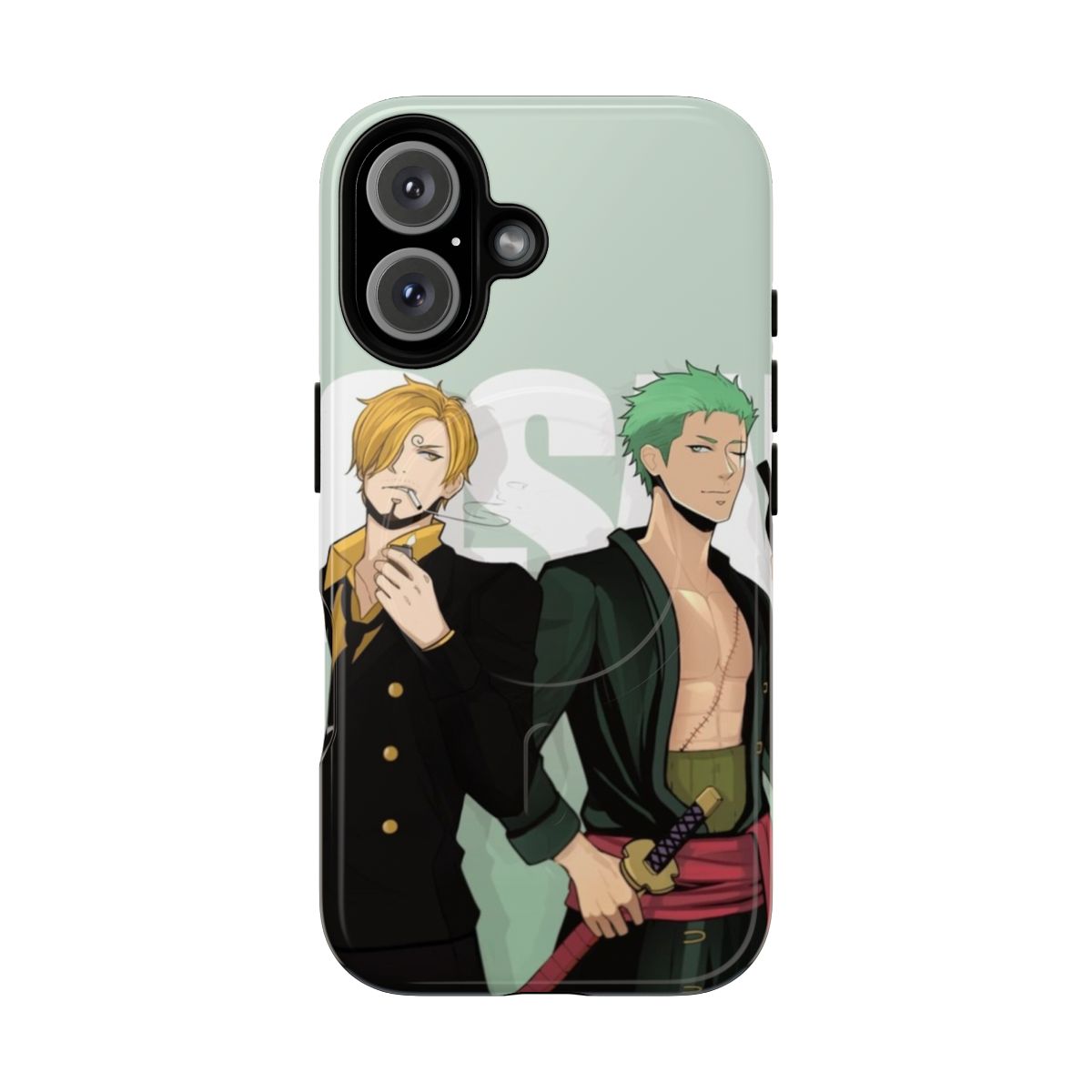 Phone case featuring an artistic depiction of the characters Zoro and Sanji from the anime/manga series One Piece.