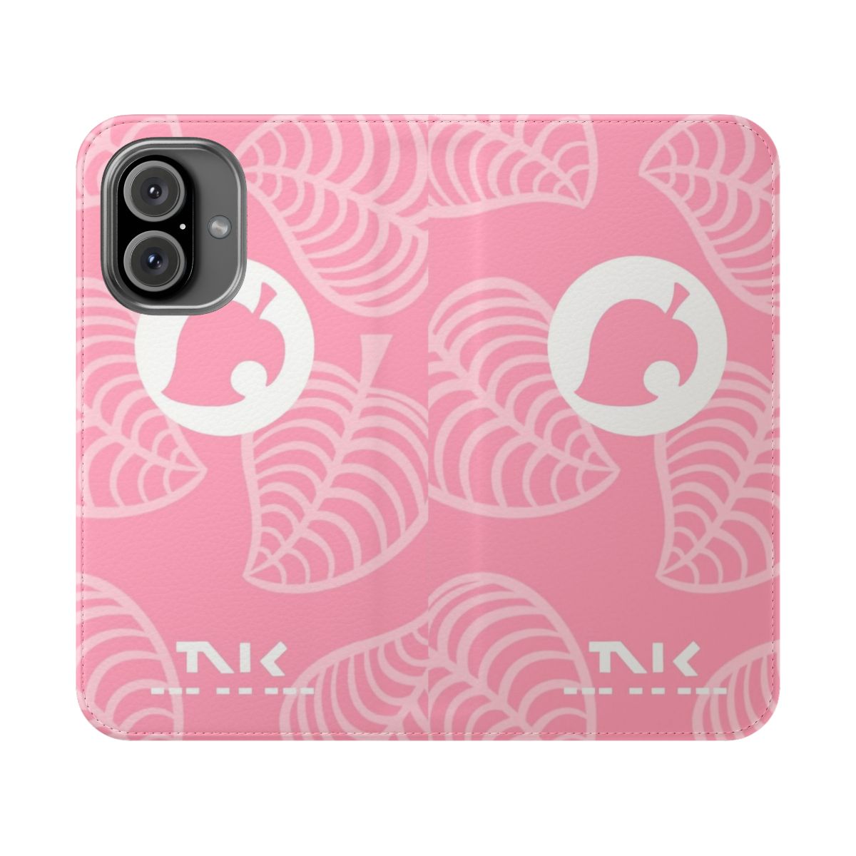 Pink flip phone case with Animal Crossing-inspired design