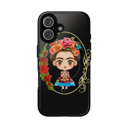 Vibrant floral phone case featuring the iconic portrait of Mexican artist Frida Kahlo