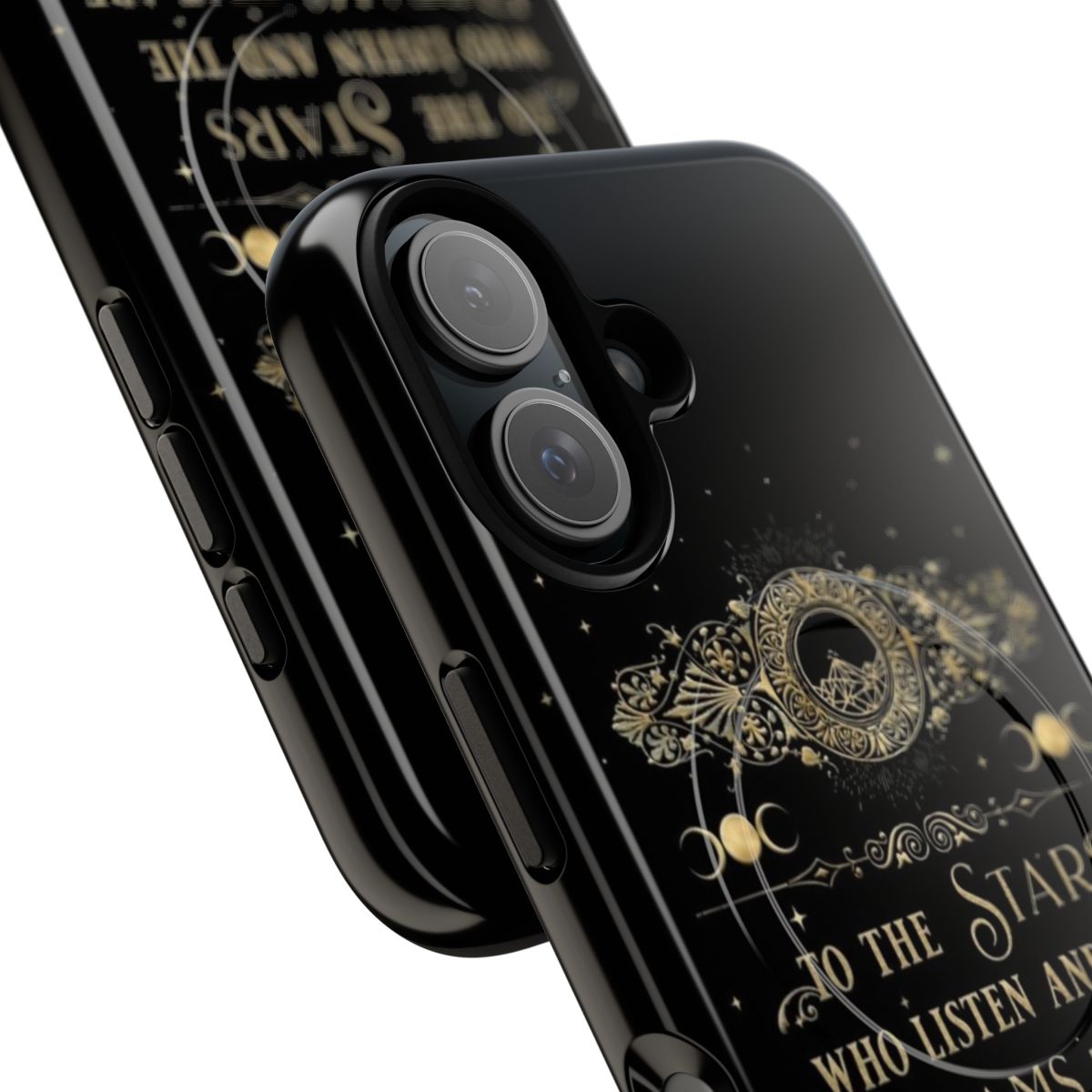 Magnetic tough phone case with "To The Stars Who Listen and the Dreams That Are Answered" quote and ACOTAR-inspired design - Detail