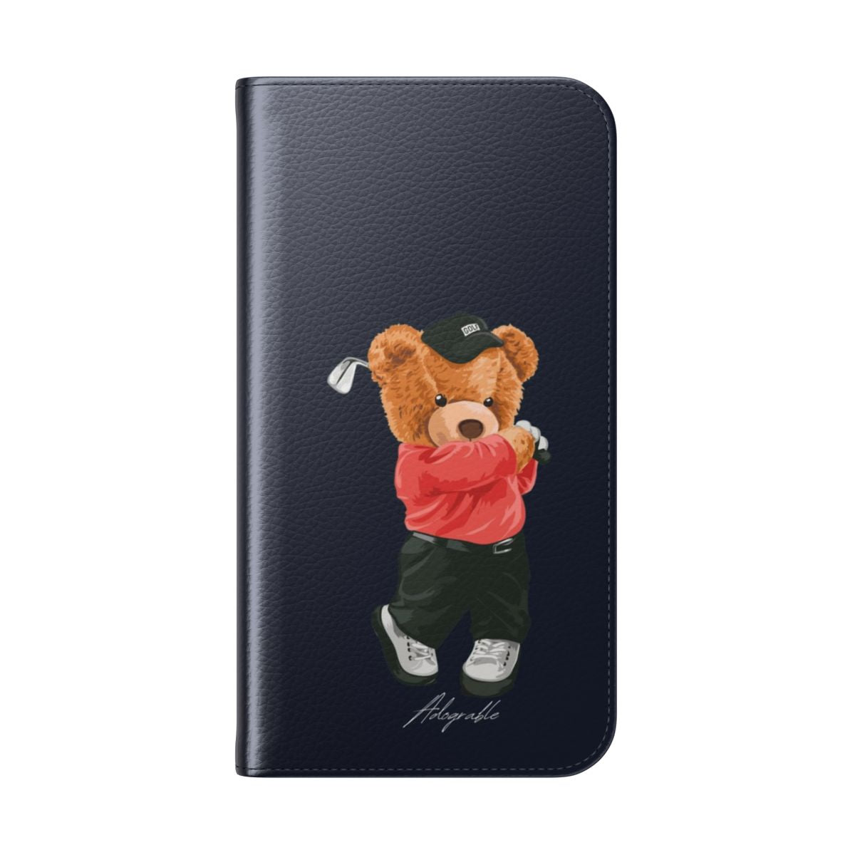 Adorable phone case featuring a cute teddy bear playing golf - Folded Back