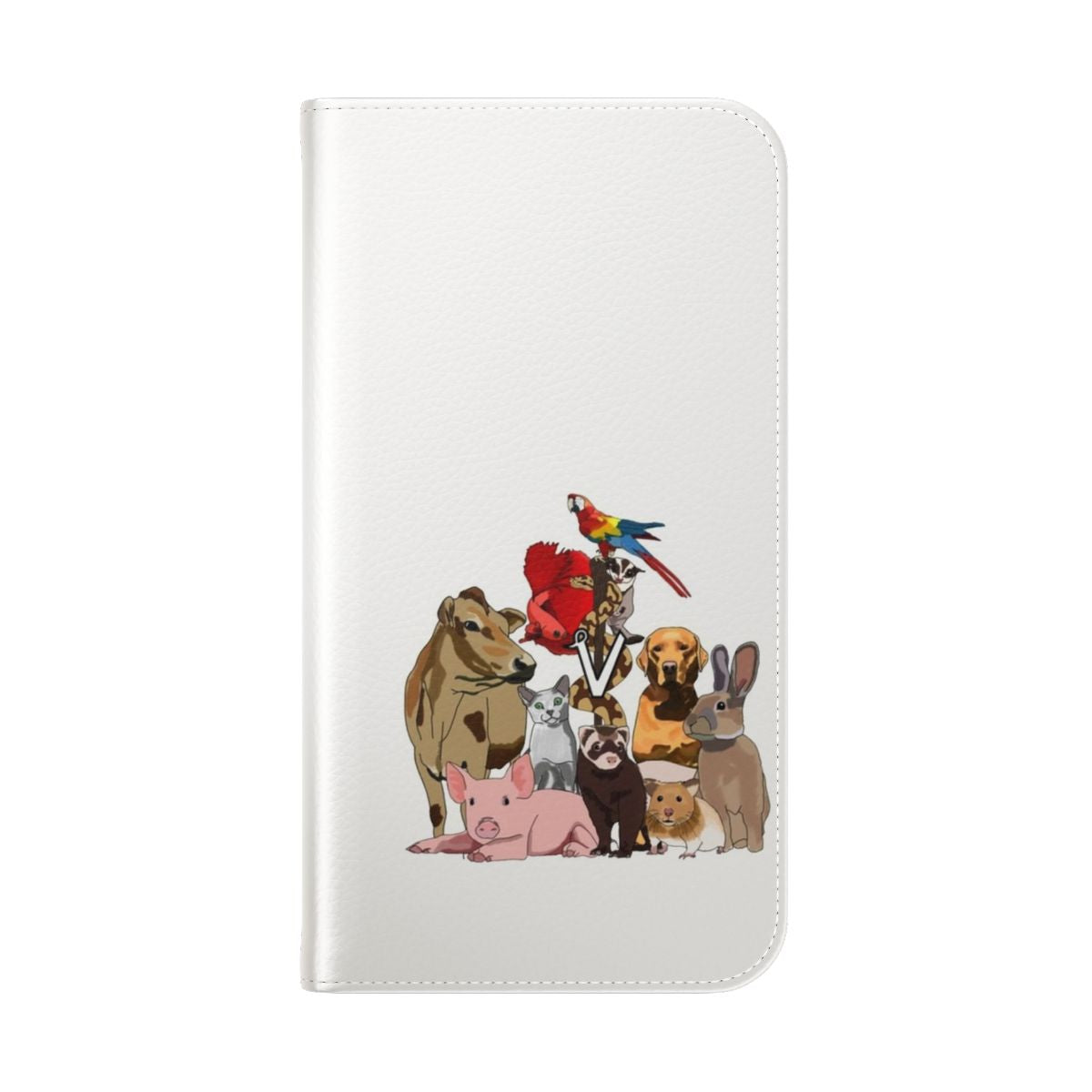 Colorful mixed animal print phone case with dog, cat, bird, and fish designs. - Folded Back