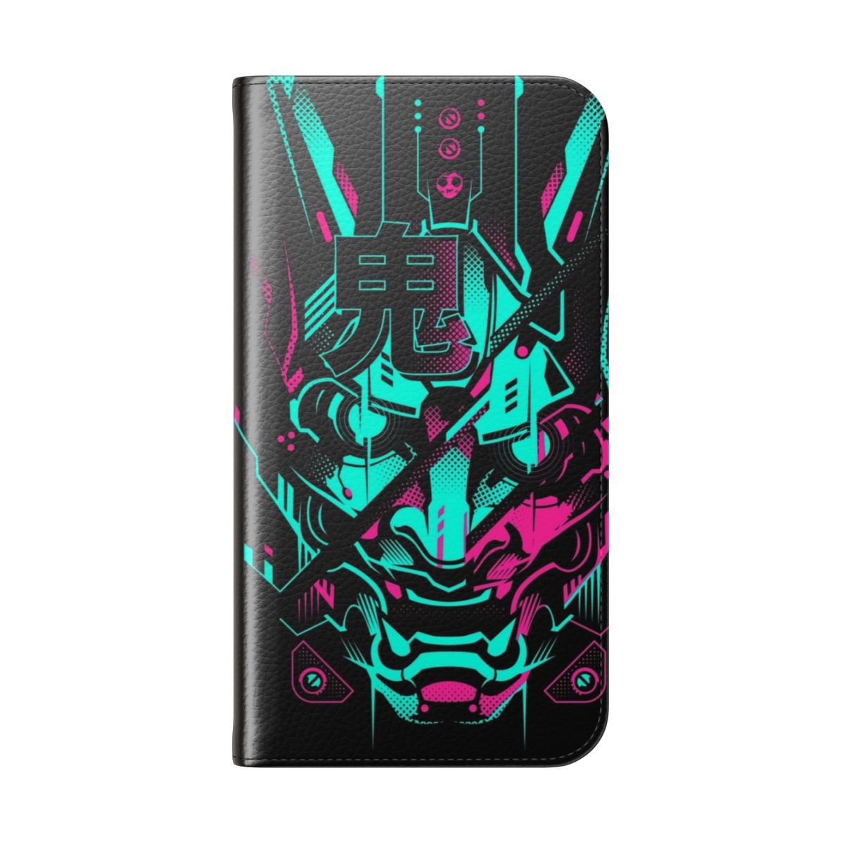 Cyberpunk-inspired phone case cover with neon glitch and oni demon design - Folded Back