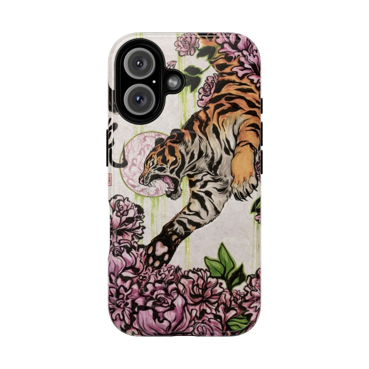 Magnetic phone case with a tiger-inspired design and brushwork patterns