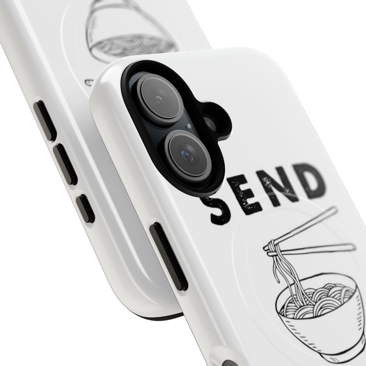 Magnetic tough phone case with a funny "Send Noods" ramen noodles design - Detail