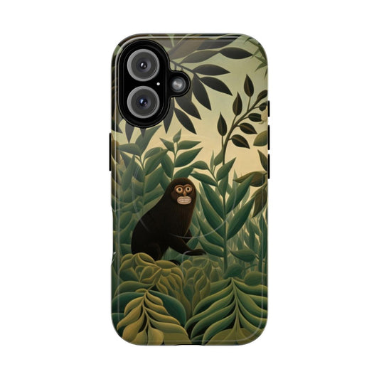 Artistic phone case featuring a playful monkey in a lush, tropical jungle scene, inspired by Henri Rousseau's distinctive painting style.