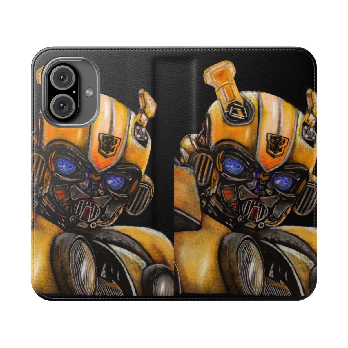 Bumblebee-themed flip cover phone case with digital illustration design