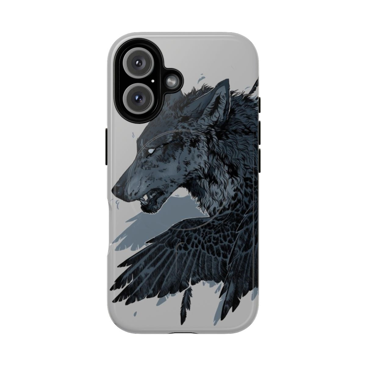 Shapeshifter Magnetic Tough Phone Case featuring a dark, supernatural design with wolves, ravens, and other corvid creatures.