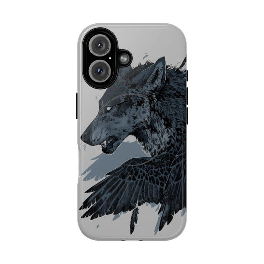 Shapeshifter Magnetic Tough Phone Case featuring a dark, supernatural design with wolves, ravens, and other corvid creatures.