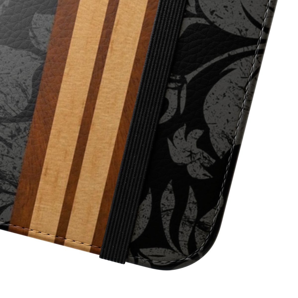 Faux koa wood phone case with a tropical surfboard design in black and gray - Close Up