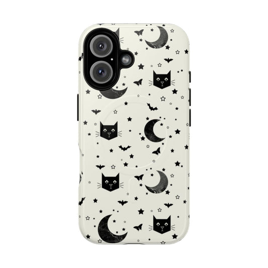 Sleek black phone case with spooky Halloween designs including cats, bats, moons, and stars.