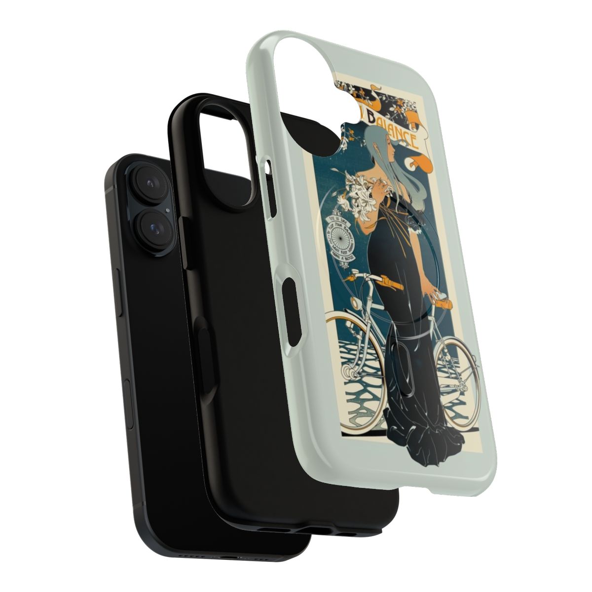 Vintage-inspired magnetic tough phone case with retro balance design featuring a woman on a bicycle and an Einstein quote - Layers