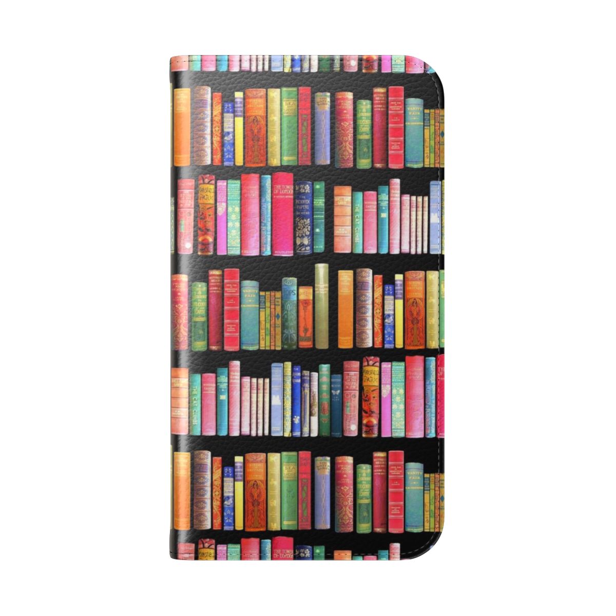 Vintage book-themed flip cover phone case with antique bookshelf design for book lovers and bibliophiles - Folded Back