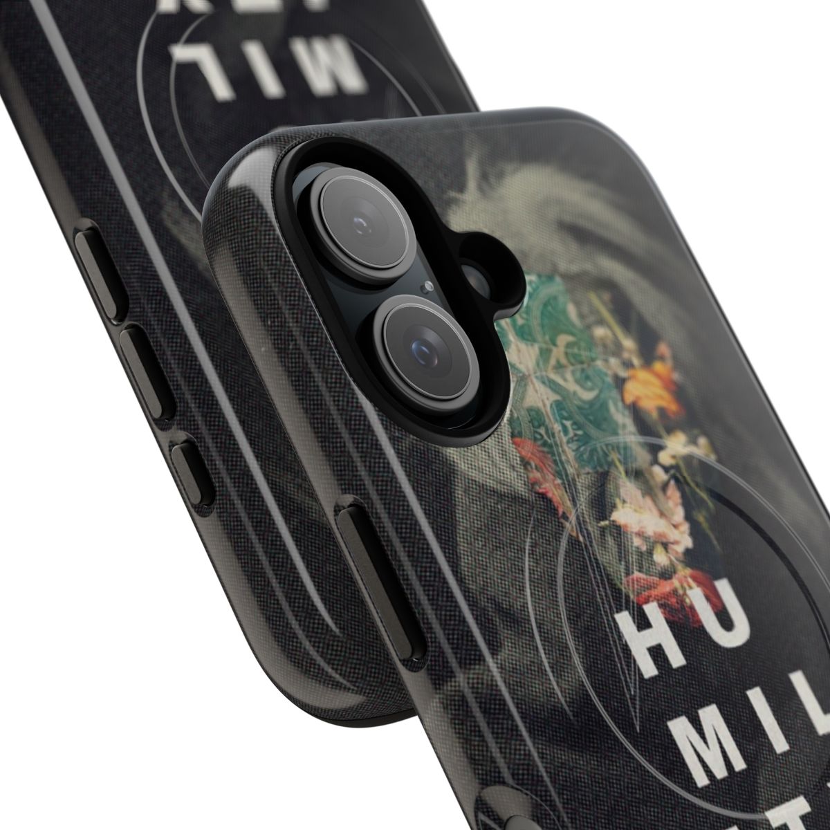 Inspirational phone case featuring a collage of vintage-style images, including a portrait, flowers, and typography with the word "humility" - Detail