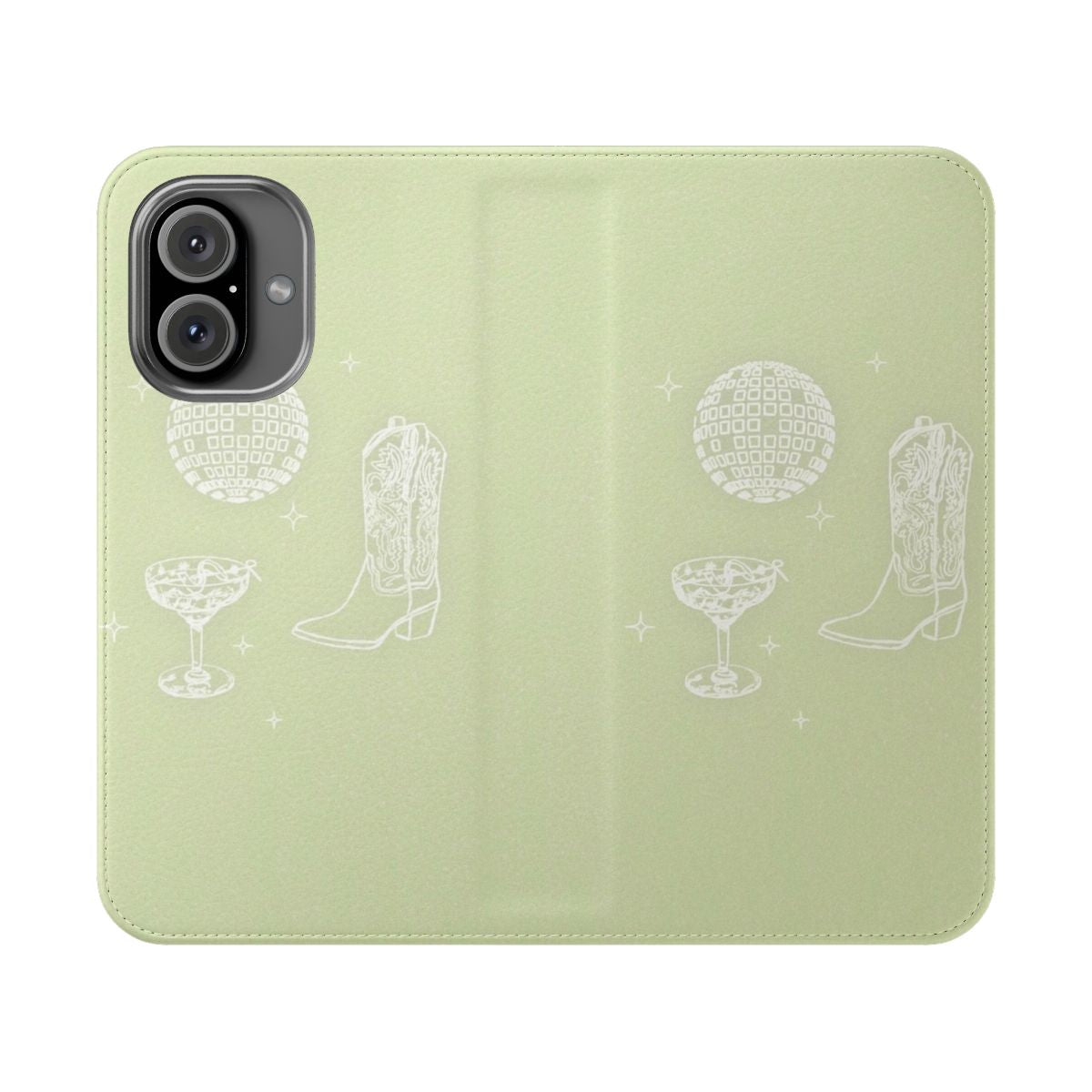 A pastel-colored phone case featuring a disco cowgirl design.