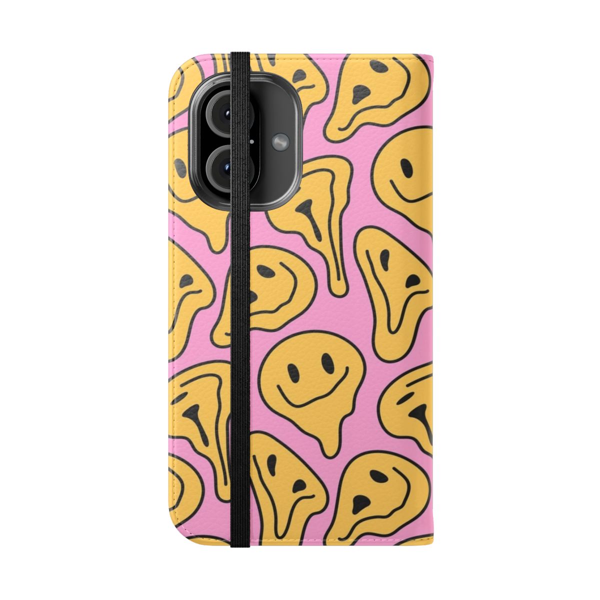 A colorful and quirky phone case featuring a melting smiley face design - Folded Front