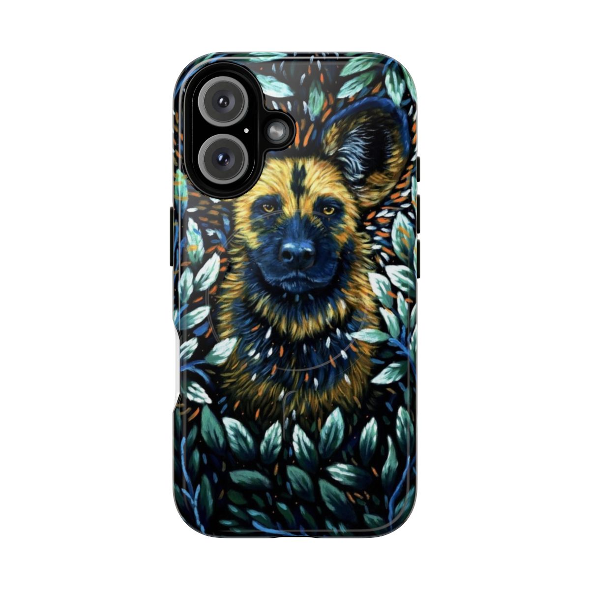 Colorful and psychedelic phone case with an artistic depiction of a wild dog