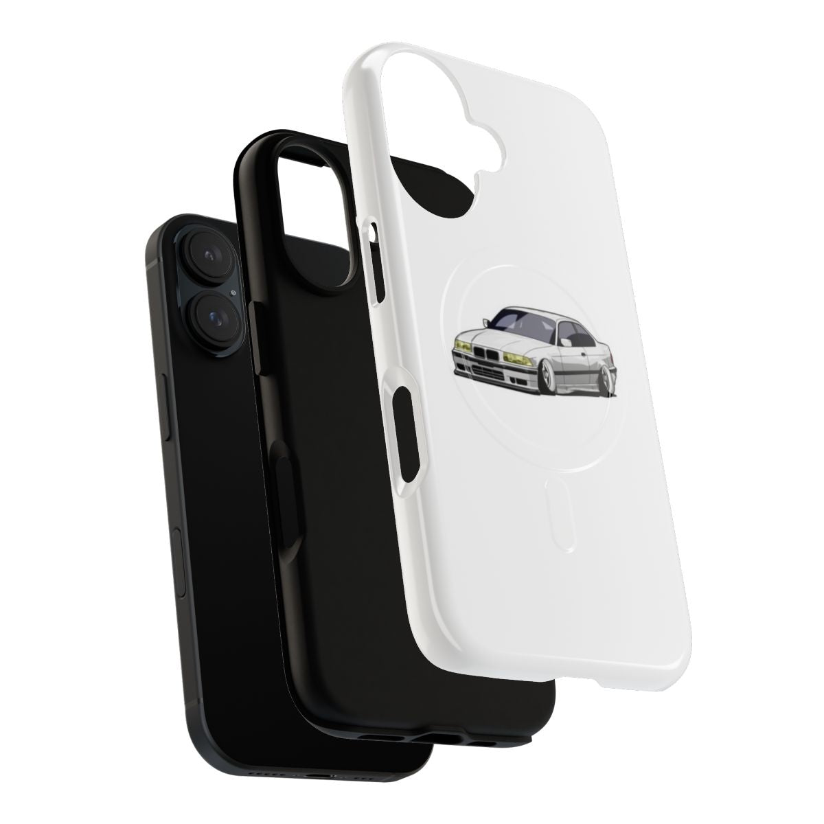 White BMW-themed magnetic phone case with a stanced design - Layers