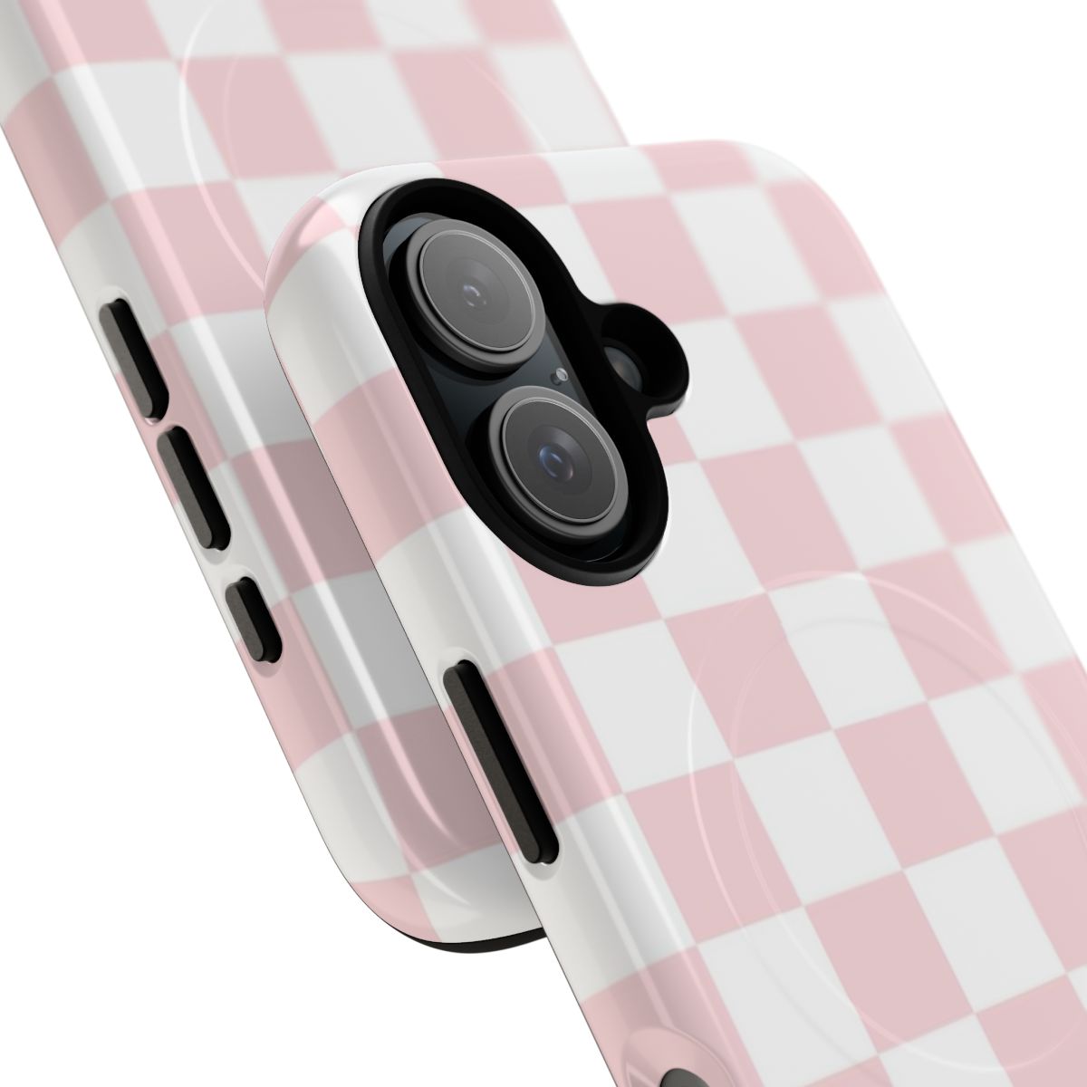 Checkered phone cases in light pink, pink, and white colors with a durable magnetic tough design - Detail