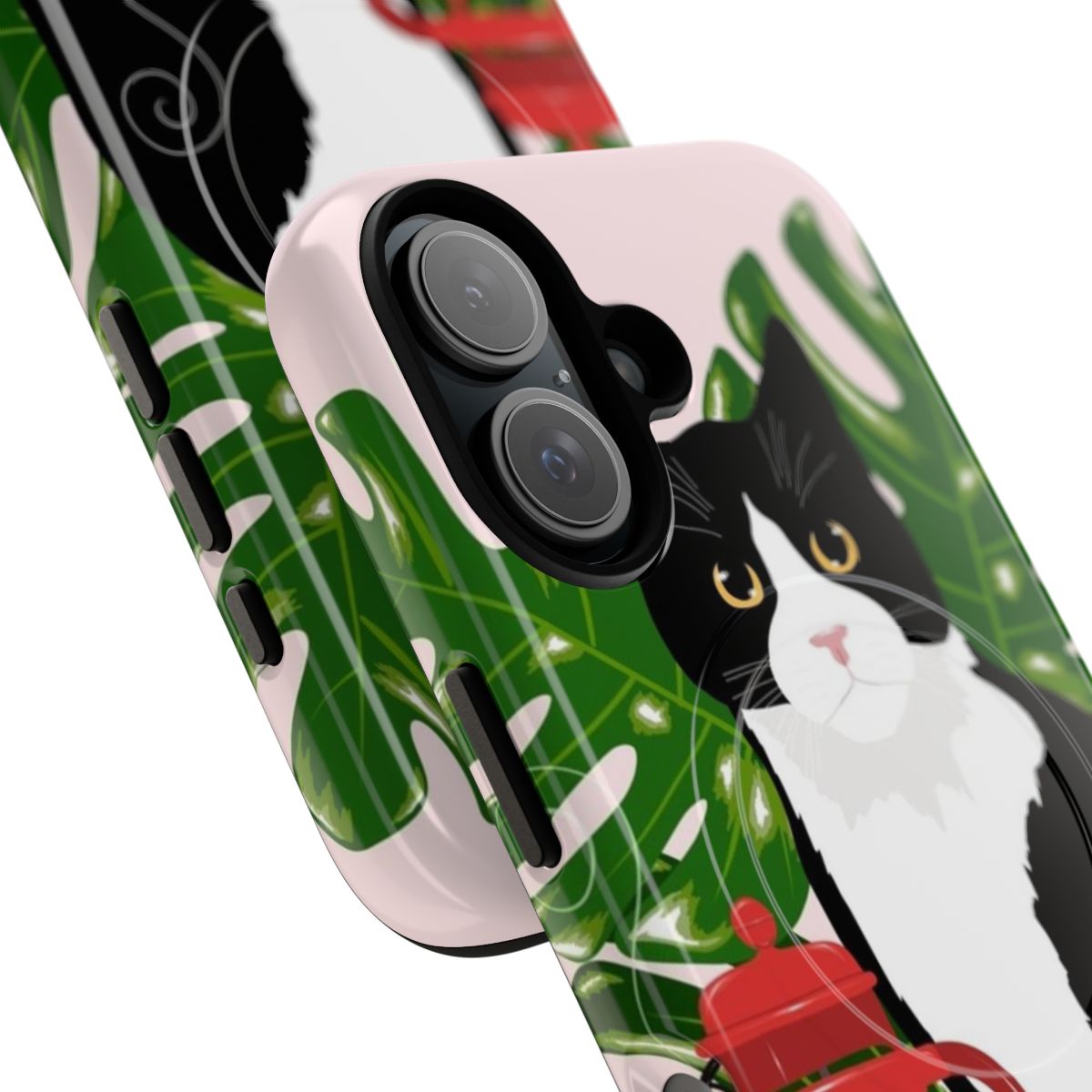 A tough phone case featuring a tuxedo cat and coffee design. - Detail